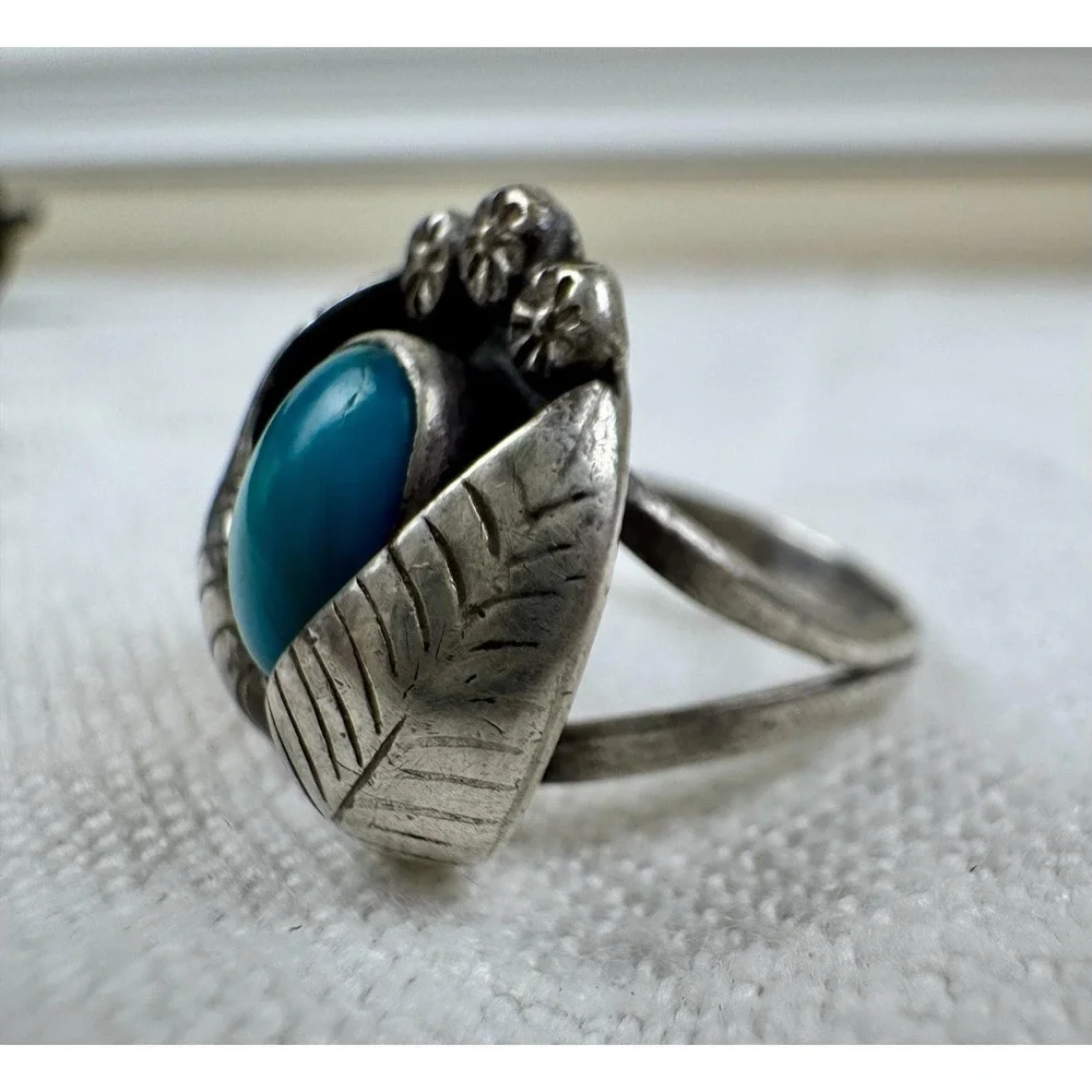 VTG Navajo Sterling Silver Turquoise Leaf Feather Ring Sz6 Old Pawn Southwestern